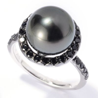 129-798 - Sterling Silver 10-11mm Black Tahitian Cultured Pearl & Black Spinel Halo Ring