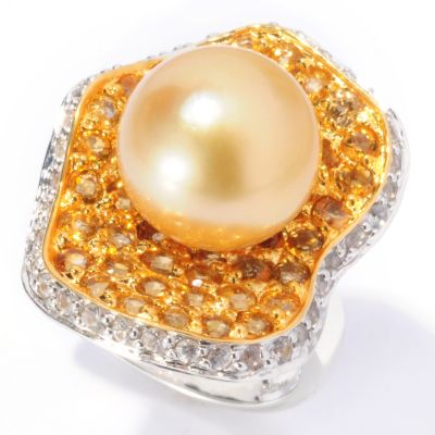 SS 11-12mm GOLDEN SOUTH SEA & WHITE SAPPHIRE & CITRINE RING