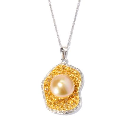 SS 11-12mm GOLDEN SOUTH SEA & WHITE SAPPHIRE & CITRINE PENDANT w/CHAIN