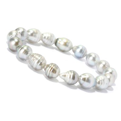 9MM LIGHT GREY RINGED TAHITIAN PEARL STRETCH BRACELET