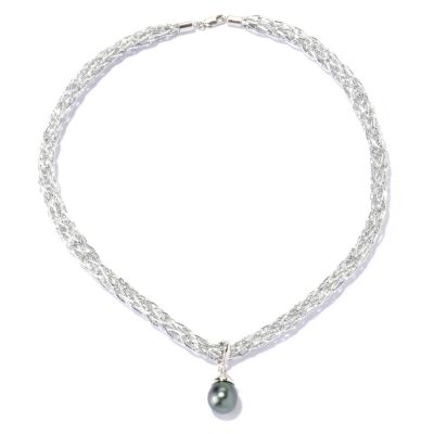 129-802 - Sterling Silver 11-12mm Black Tahitian Cultured Pearl Enhancer Pendant w/ 17'' Cord
