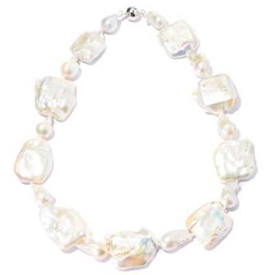 SS 20" WHITE BAROQUE & CUSHION FWP NECKLACE w/MAGNETIC CLASP