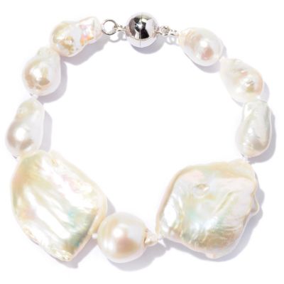 SS 8" WHITE BAROQUE & CUSHION FWP BRACELET w/MAGNETIC CLASP