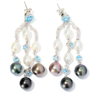 SS TAHITIAN, FWP & SWISS BLUE TOPAZ CHANDELIER EARRINGS