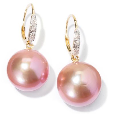 129-806 - 14K Gold 12-13mm Pink Edison Freshwater Cultured Pearl & Diamond Earrings