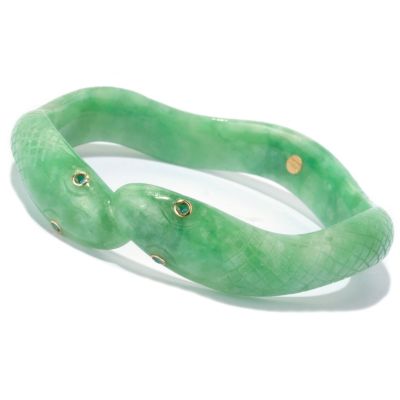 14K 8" GREEN JADE & BLUE TOPAZ DOUBLE HEAD YEAR OF THE SNAKE BANGLE