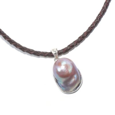 SS 21x16mm PINK FWP BAROQUE FREE-FORM PENDANT w/ BRAIDED LEATHER CORD