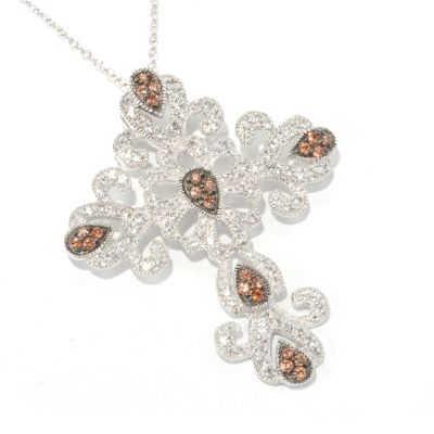 SS SCROLL CROSS CHOCOLATE ZIRCON W/ WHITE TOPAZ PEND W/ CHAIN