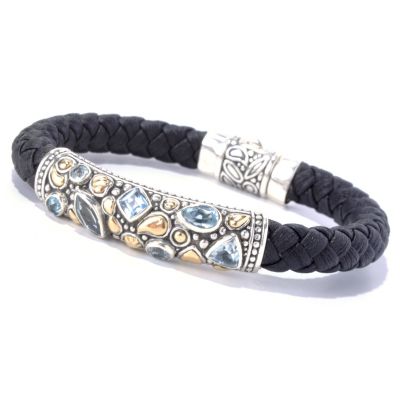 SS 18K LEATHER BRACELET W/ BLUE TOPAZ