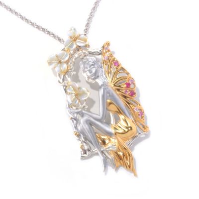 129-826 - Gems en Vogue II Mother-of-Pearl, Ruby & Pink Sapphire Fairy Pendant w/ Chain 