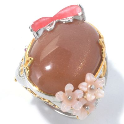 129-830 - Gems en Vogue II Peach Moonstone & Multi Gemstone Carved Flowers & Butterfly Ring 