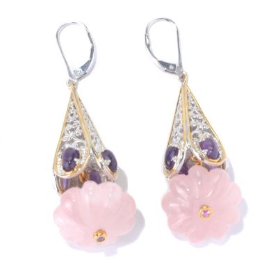 SS/PALL EAR CARVED ROSE QUARTZ & AMETHYST DROP