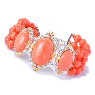 SS/PALL BRAC SALMON BAMBOO CORAL & GEMSTONE THREE-ROW BEAD w/ TOGGLE CLASP