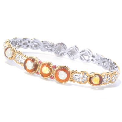 129-843 - Gems en Vogue II 7.25'' Carved Amber Rose Intaglio & Orange Sapphire Bangle Bracelet 