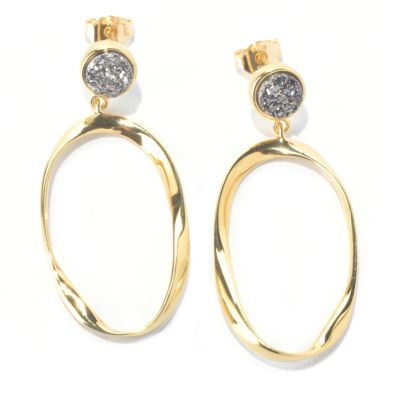 SS/18KGP EAR DRUSY BUTTON & FRONT FACE TWISTED OVAL DROP