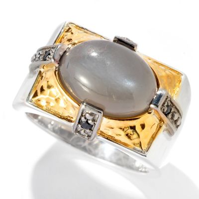 129-893 - Men's en Vogue II 14 x 10mm Moonstone & Black Spinel Hammered Ring 