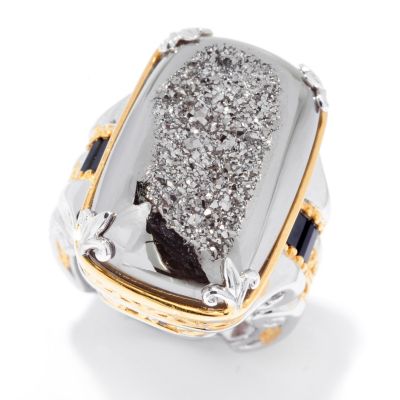 SS/PALL RING WINDOW DRUSY & BLACK SPINEL BAGUETTE