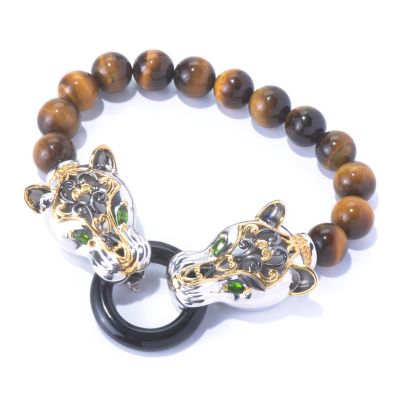 129-938 - Gems en Vogue II 8" Beaded Tiger's Eye & Multi Gemstone Panther Bracelet 