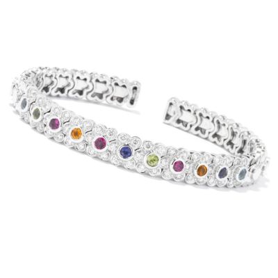 SB SS/PLAT MULTI- GENUINE GEMSTONE AND BRILLIANTE FLOWER FLEX BRACELET