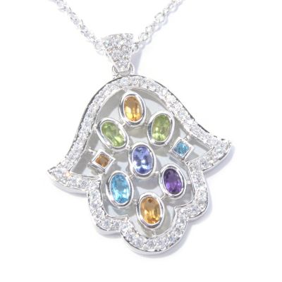 129-958 - Sonia Bitton Platinum Embraced&trade; Genuine Gemstone & Simulated Diamond Hamsa Pendant 
