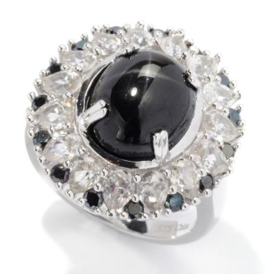 SS/PLAT RING BLK STAR DIOPSIDE W/ PEAR WHITE TOPAZ & BLK SPINEL