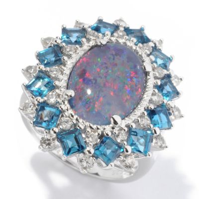 129-974 - NYC II 14 x 10mm Boulder Opal Triplet, London Blue Topaz & White Zircon Ring 