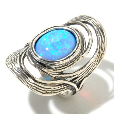 129-980 - Passage to Israel Sterling Silver 12 x 10mm Simulated Blue Opal Elongated Ring 