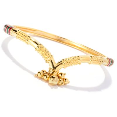 SS/18KYGP BRAC RED & GREEN ENAMEL & BEAD CHARM SLIP-ON BANGLE