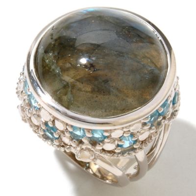 130-042 - Gem Insider Sterling Silver 20mm Round Labradorite & Blue Topaz Ring 