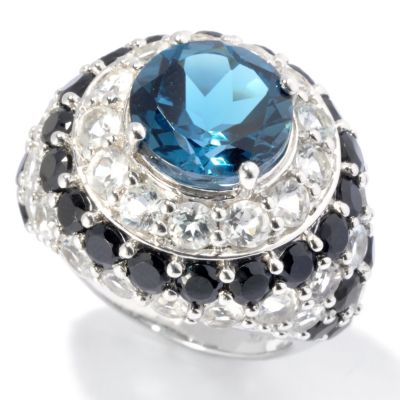 SS DOME RING W/BLK SPINEL AND LONDON BLUE &WHITE TOPAZ