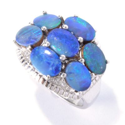 130-048 - Gem Insider Sterling Silver Oval Blue Opal Doublet & Zircon Cluster Ring 