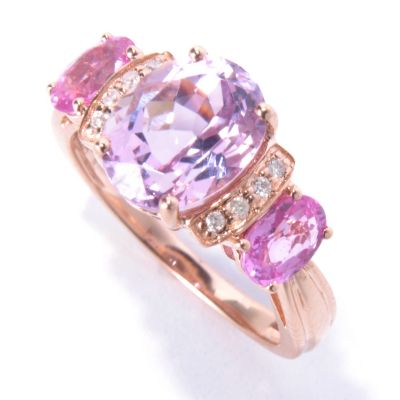 130-049 - Gem Treasures 14K Rose Gold 4.03ctw Kunzite, Sapphire & Diamond Three-Stone Ring 