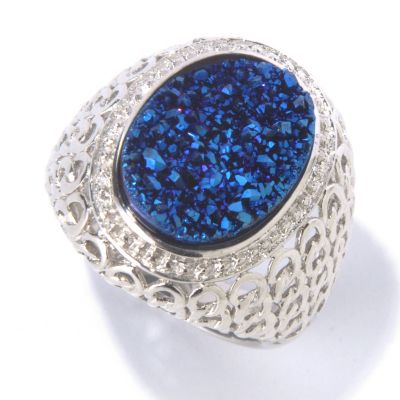 130-065 - Gem Insider Sterling Silver 15.5 x 13mm Oval Blue Drusy Chain Link Ring 