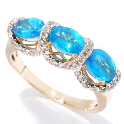 130-068 - Gem Treasures 14K Gold 1.73ctw Neon Blue Apatite & Diamond Three-Stone Ring
