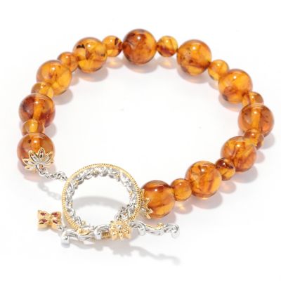 130-110 - Gems en Vogue II 8" Baltic Amber Bead & Orange Sapphire Toggle Bracelet 