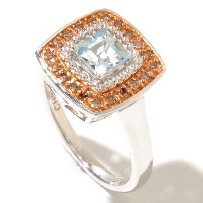 130-151 - Gem Insider Sterling Silver Aquamarine & Champagne Diamond Square Ring 