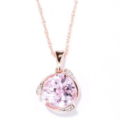 130-167 - Gem Treasures 14K Rose Gold 2.52ctw Kunzite & Diamond Trillion Pendant w/ Chain 