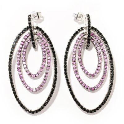SS 3 ROW TEARDROP SHAPE EARRINGS W/PINK SAPP AND BLACK SPINEL