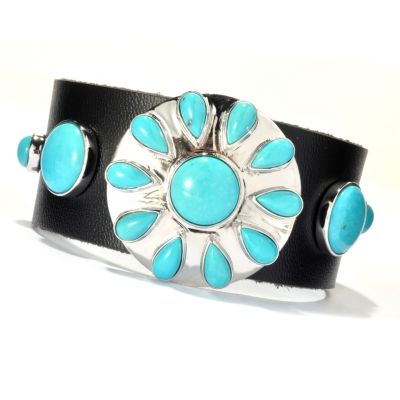 130-176 - Gem Insider Sterling Silver & Leather 8'' Sleeping Beauty Turquoise Bracelet