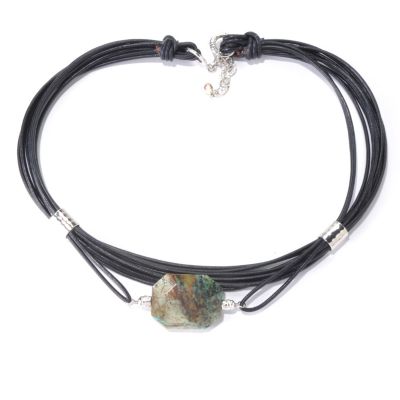 130-191 - Gem Insider Sterling Silver 18'' Octagonal Utah Chrysocolla Leather Necklace 