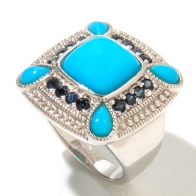 130-210 - Gem Insider Sterling Silver 10 x 10mm Sleeping Beauty Turquoise & Sapphire Ring 