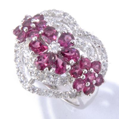 SS/PLAT RING RHODOLITE & WHT ZIRCON HEART
