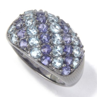 SS/BLK RHOD RING AQUA & IOLITE BAND