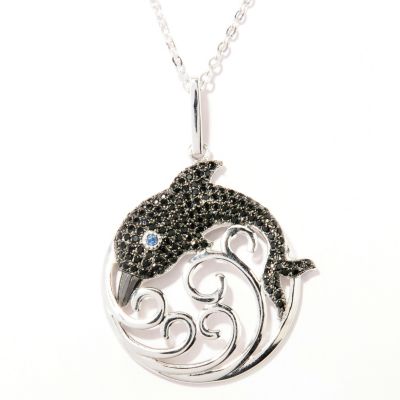 SS/PLAT PEND BLK SPINEL DOLPHIN MEDALLION w/ 18" CHAIN