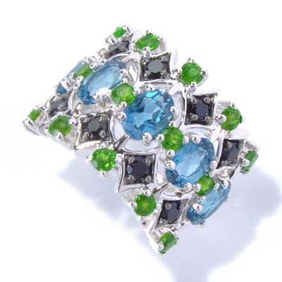 SS/PLAT RING LONDON BLUE TPZ, BLK SPINEL, & CHROME DIOP WIDE BAND