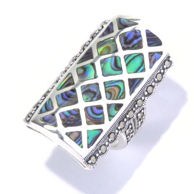 130-313 - Dallas Prince Designs Sterling Silver Marcasite & Abalone Inlay Elongated Ring