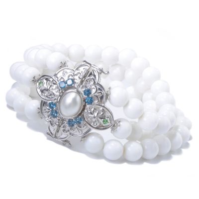 SS 3 ROW WHT AGATE BRAC WITH MABE PEARL BLUE TOPAZ AND TSAV ACCENTS
