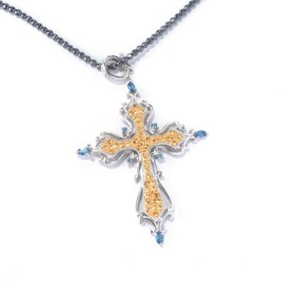 SS YELLOW PLATED MARCASITE WITH LONDON TOPAZ ENHANCER BAIL AND HEMATITE NECK