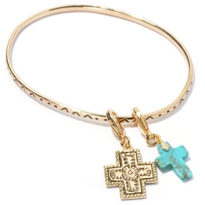 BRASS BANGLE WITH 2 CHARMS CROSS AND TURQ
