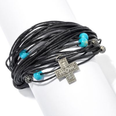 SILVER PLATED BRASS LETHER MULTI STRAND WITH CROSS & TURQ CHARMS